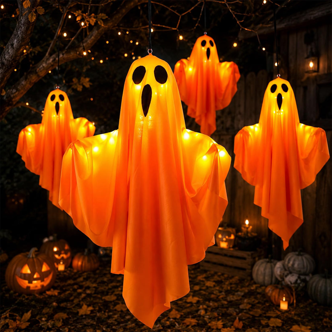 Idota 4er Set Halloween Deko Gespenster in Orange mit LED Lichtern 50cm