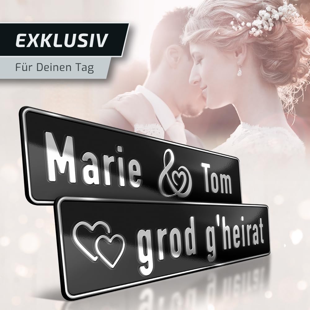 1 Hochzeit Autoschild | Schwarz | Silberprägung Wunschtext | Herz &amp; Ringe Platine: Schwarz, Platine:
