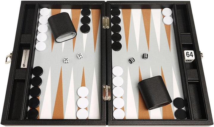 Backgammon-Set, 33 cm, Reisegrösse, schwarzes Brett, weisse und Rum-Punkte