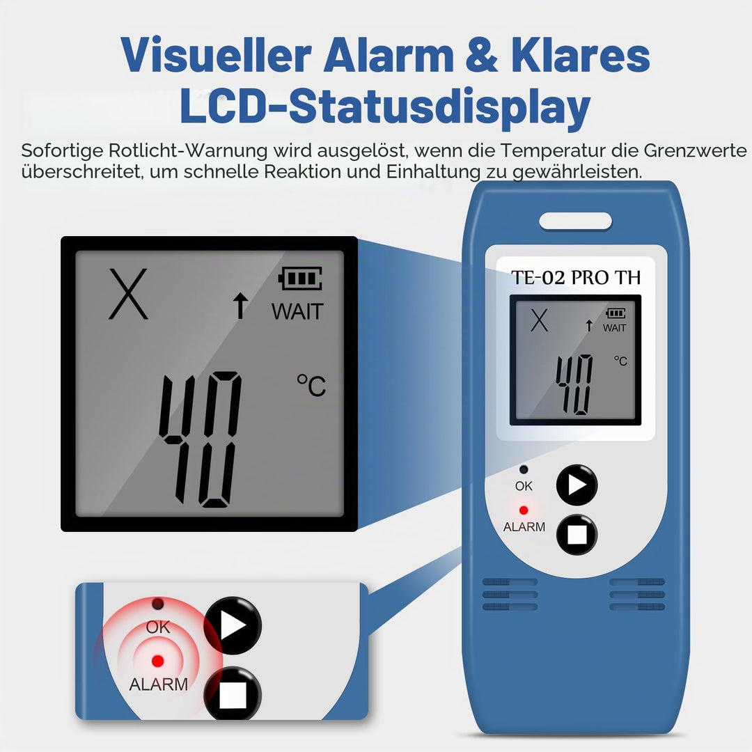 ThermElc TE-02 Pro TH Datenlogger Temperatur Luftfeuchtigkeitmit automatischen CSV PDF Berichten, Ve