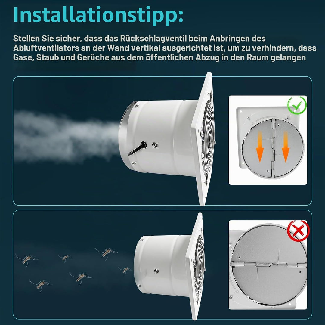150mm Abluftventilator 600m³/h, Badlüfter Leiser mit Rücklaufklappe Schalter Stecker, IP44 Wasserdic
