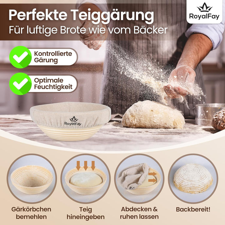 Gärkörbchen rund 23 cm – Brotform aus natürlichem Rattan für Sauerteig und Brotteig – inklusive Lein