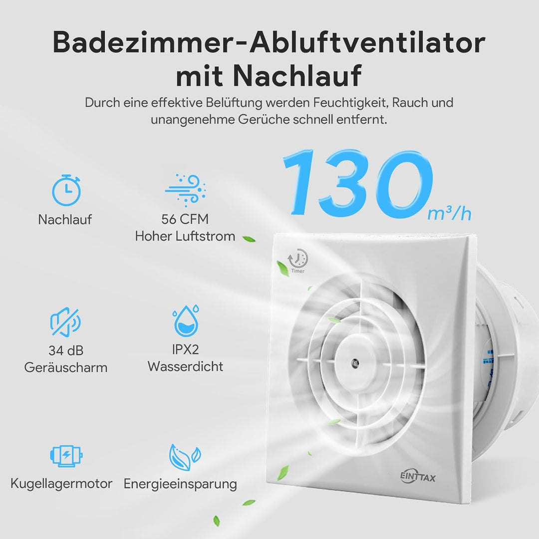 Badlüfter 100mm Abluftventilator Küche, mit Nachlauf und Rückstauklappe,130m³/h, IPX2 Wasserdicht, f