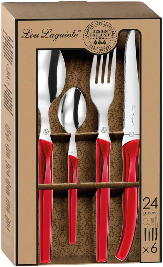 Lou Laguiole RISING SUN Besteck Set 6 Personen | 24-teilig | Rot glänzend | Essbesteck 6 Personen sp