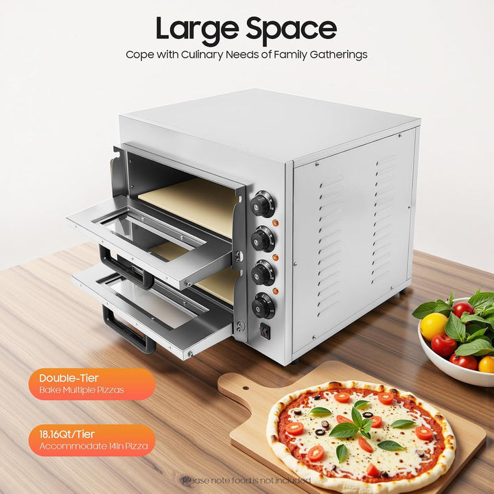201 Edelstahl Pizzaofen, Gross Pizza Pizzabackofen mit Hitzebeständige Handschuhe, 3000W Doppellagig