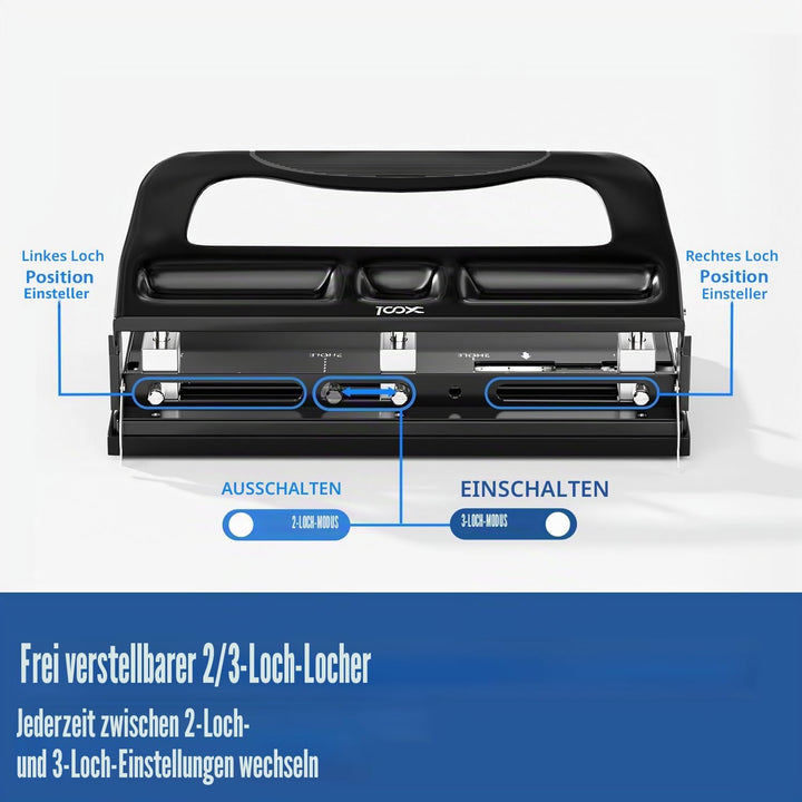 XOOL 3-fach Büro Locher für 40 Blatt, verstellbarer Locher aus Metall, Ergonomisches Design Büroloch