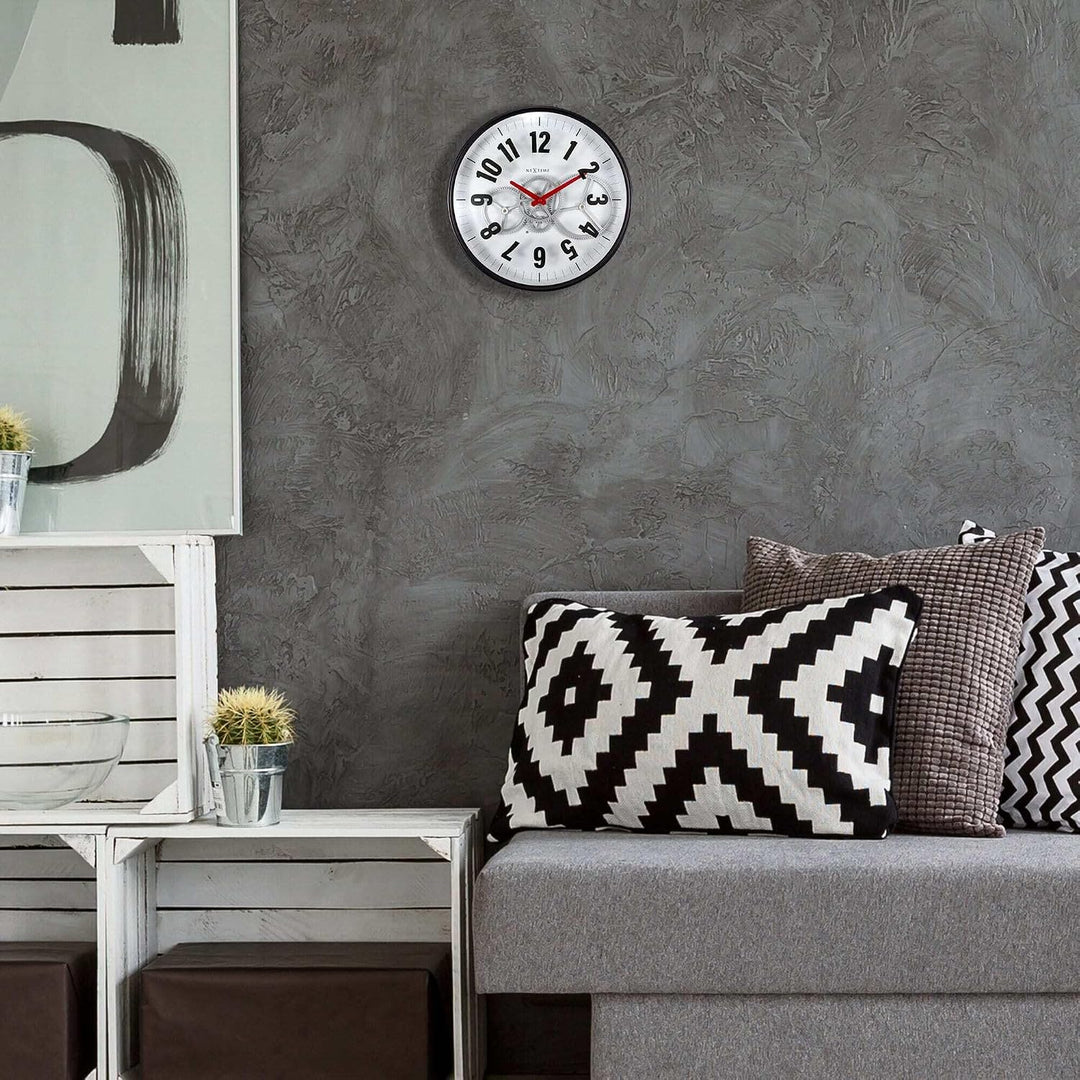 NeXtime Moderne Gear Uhr mit beweglichem Getriebe, Weiss, 36 cm, Metall/Glas