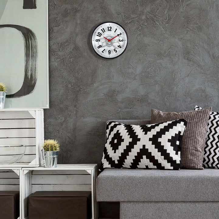 NeXtime Moderne Gear Uhr mit beweglichem Getriebe, Weiss, 36 cm, Metall/Glas