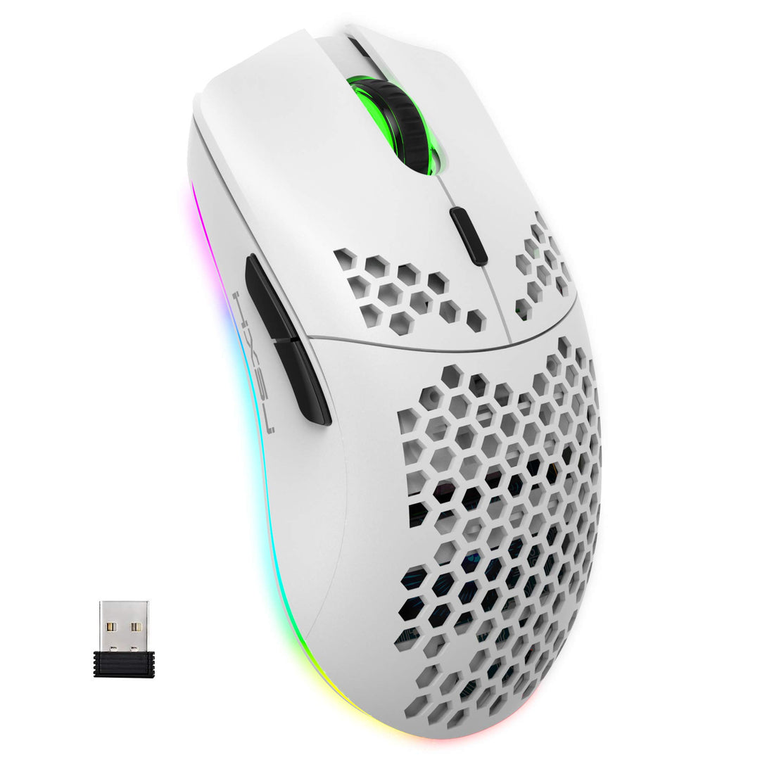 Drahtlose Gaming Maus, 2,4G Superleichte Wabenschale Ergonomische RGB-Mäuse mit 750mAh Akku, Energie