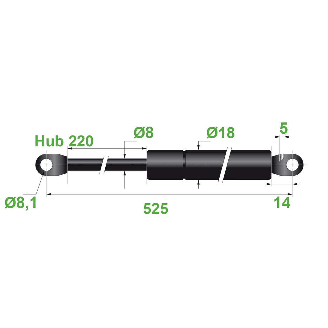 Trupa Gasdruckfeder 8/18, Schwarz, 8.1 mm Hub 220 mm, L 525-540 mm, 250N (25kg), Modell 0183