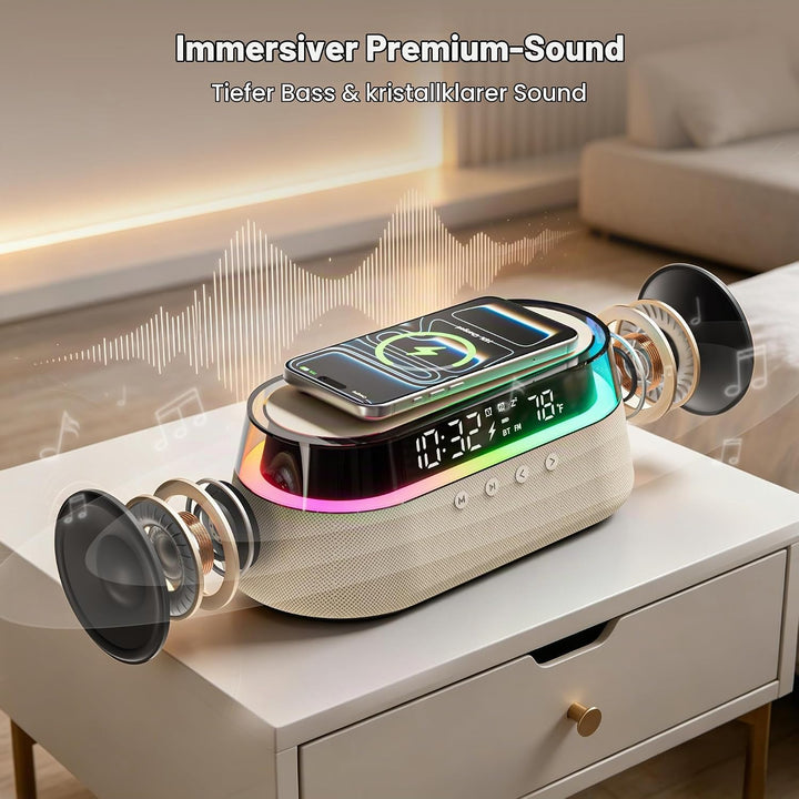 Bluetooth Lautsprecher FM Radio mit Zwei Smart Wecker mit Fernbedienung Beige, Beige