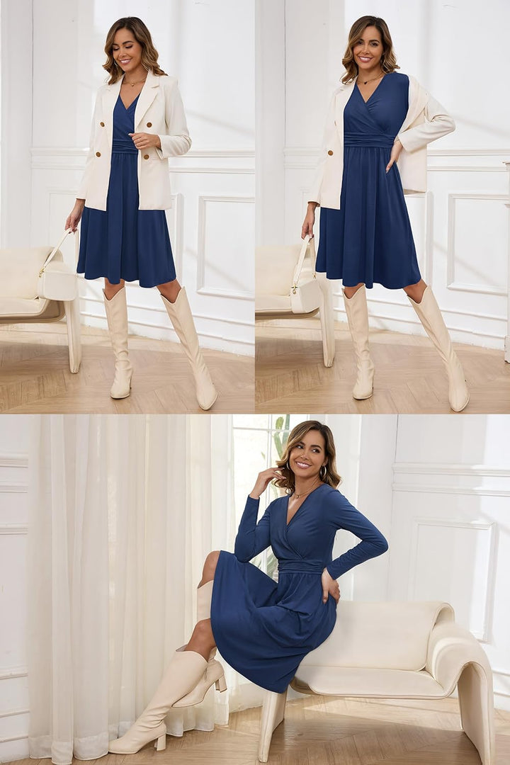 OUGES Sommerkleid Damen Kurzarm V-Ausschnitt Knielang Blumenmuster Midi Kleid mit Taschen S Marine-0