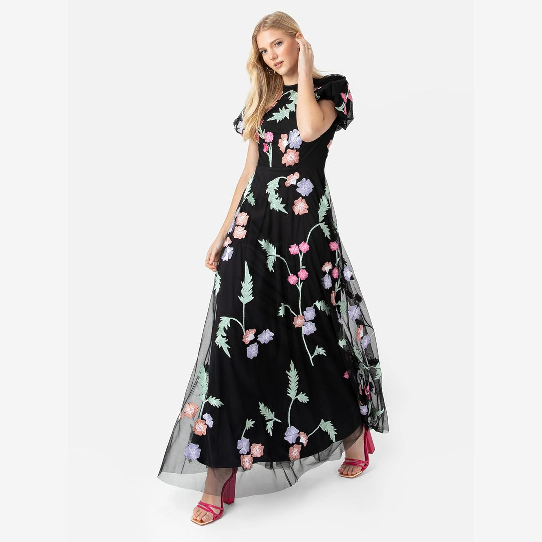 Maya Deluxe Damen Womens Maxi Ladies Floral Embroidered Open Back Puff Sleeves Dress for Wedding Gue