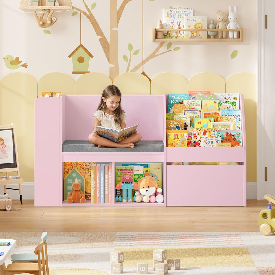 HOCSOK 125 cm Kinderregal, Bücherregal Kinder mit Sitzbank, MDF-Platte Rosa, Rosa