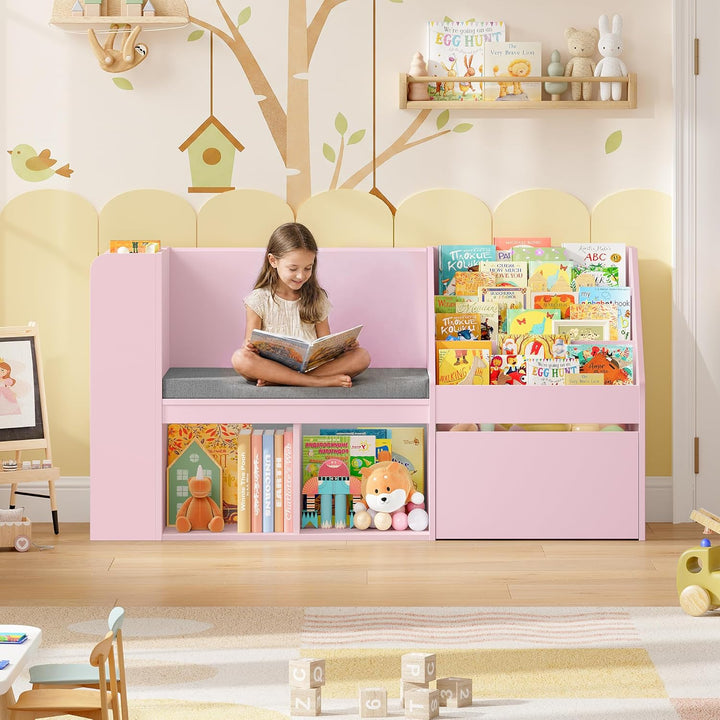 HOCSOK 125 cm Kinderregal, Bücherregal Kinder mit Sitzbank, MDF-Platte Rosa, Rosa