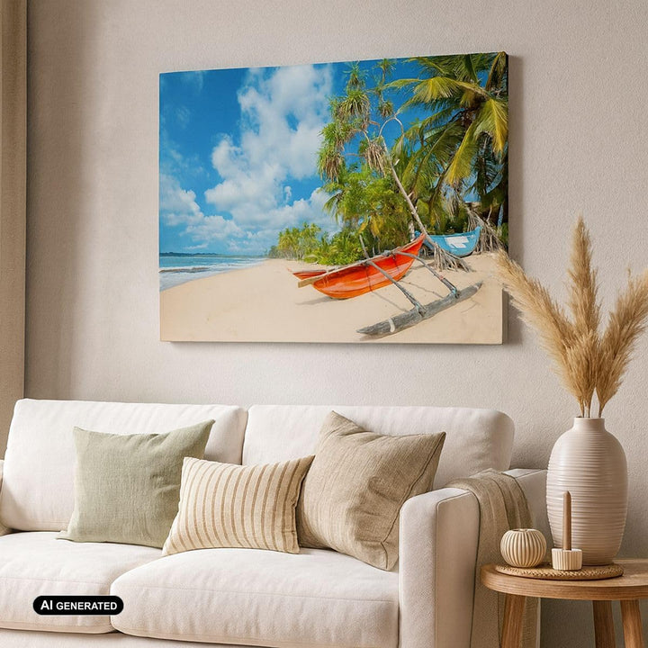 ARTTOR Bilder auf Leinwand Golf Ozean Palme Boot Leinwandbild 70x50cm Wandbilder Dekoration Wohnzimm