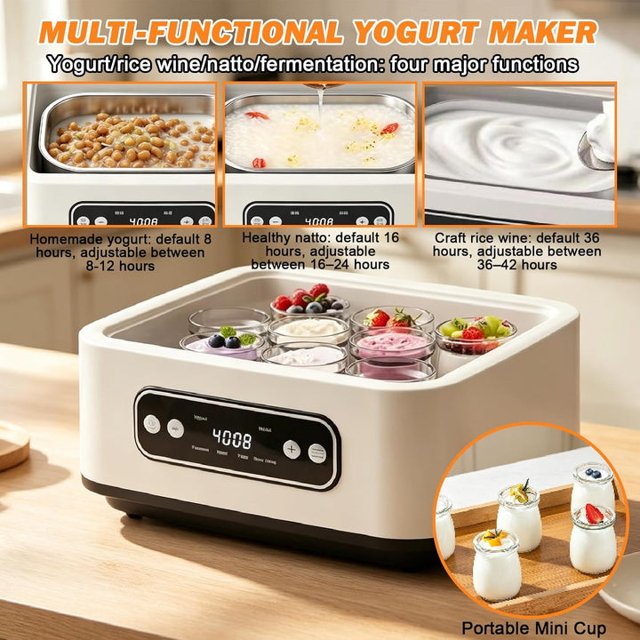 Joghurtbereiter mit 6 Glasbehälter 180ml, 1.6L Joghurtmaschine mit Temperatur &amp; Timer, 20W 4 voreing