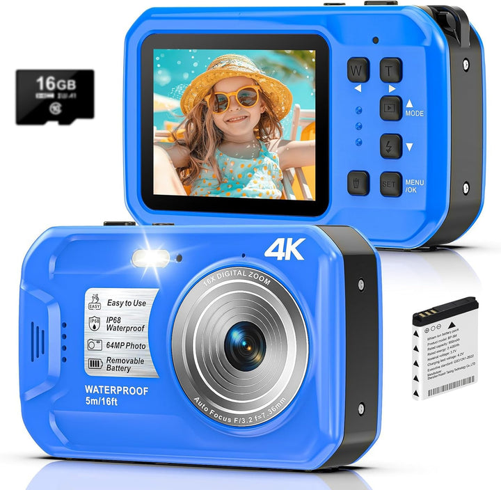 Unterwasserkamera, 4K 64MP 16FT wasserdichte Digitalkamera Dunkelblau, Dunkelblau