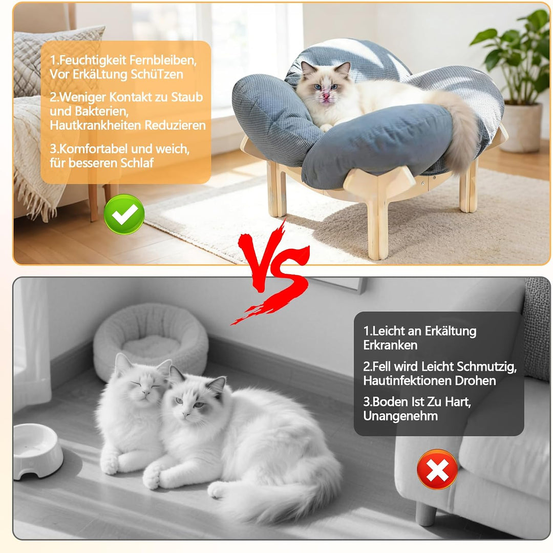 Erhöhtes Katzenbett aus Holz, Flauschiges Katzensofa in Blumenform, Katzenkissen mit waschbarem &amp; Ho