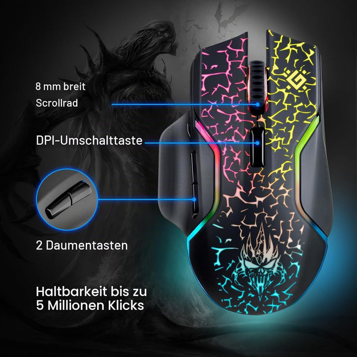 Defender® Oneshot Gaming Maus Kabellos – 2.4 GHz Wireless, 3200 DPI, RGB, 5 Programmierbare Tasten,