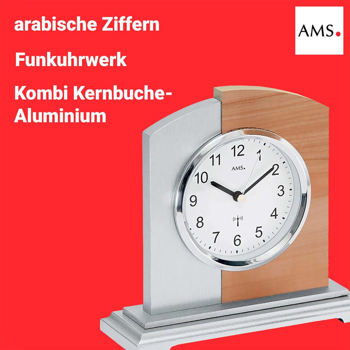 AMS 5146 Funk Tischuhr, Holzgehäuse mit Kernbuche und Aluminium-Applikation, analog mit arabischen Z