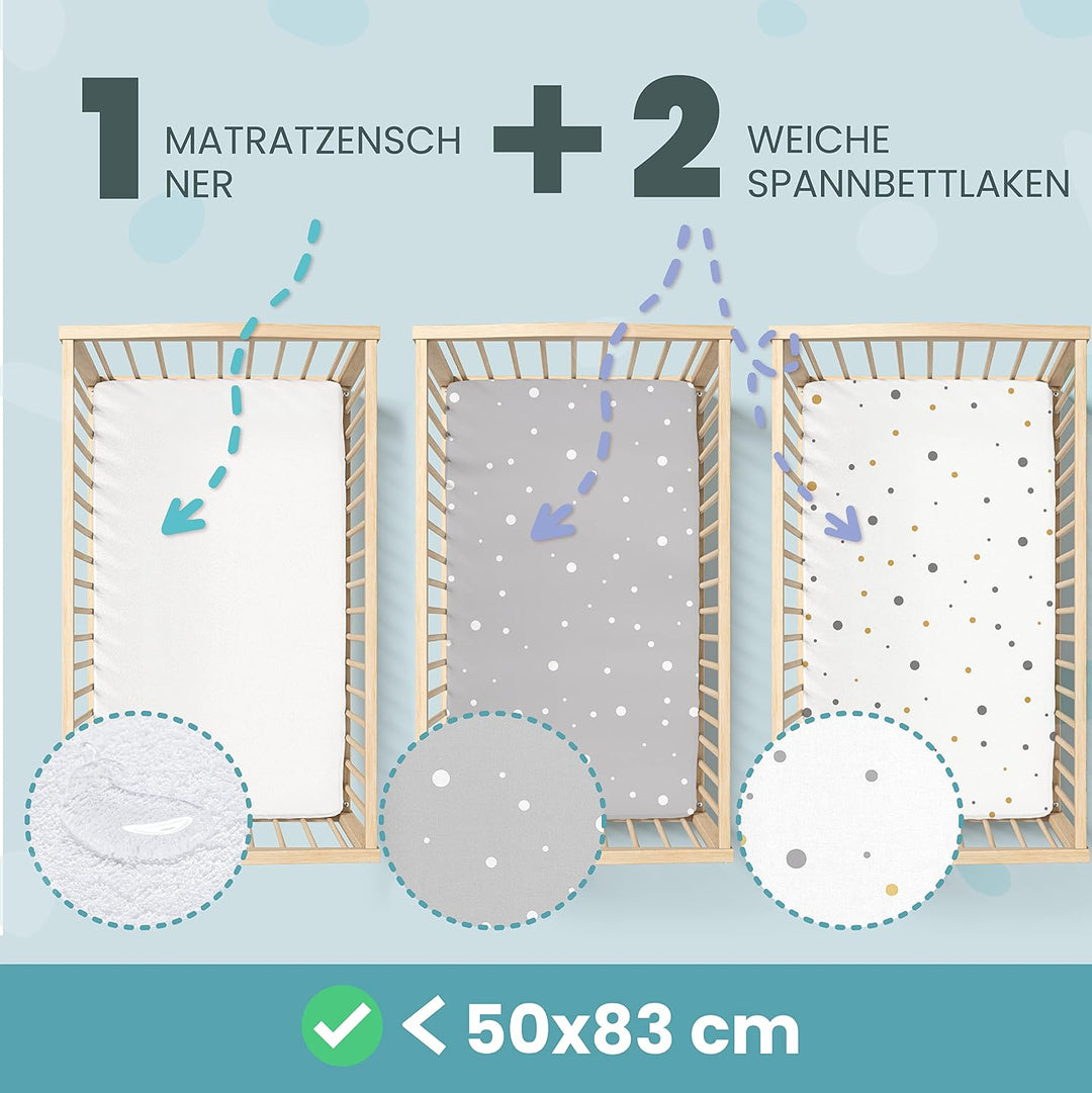 Sweety Fox 2X Spannbettlaken aus 100% Baumwolle mit Gummiband - 1X Matratzenschoner aus 100% wasserd
