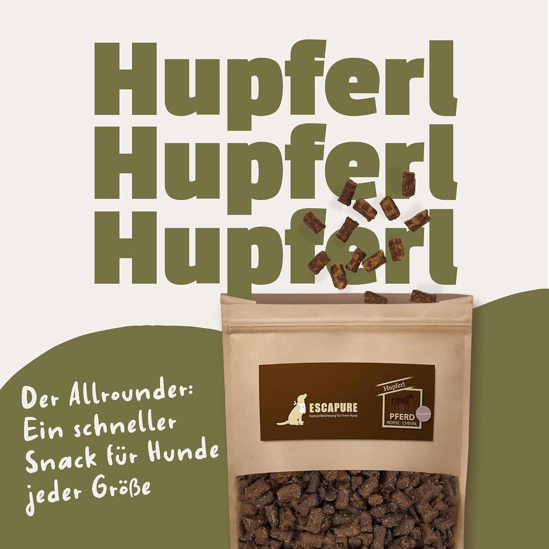 Escapure Hunde Leckerli Beutel | Pferd Hupferl 1000g | Pferd Hupferl in Premium Qualität | 98% Muske