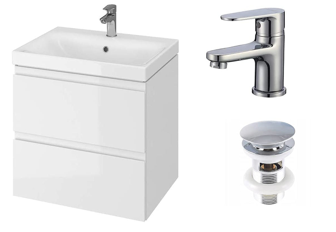 VBChome Badmöbel 60 cm Weiss mit Armatur und Pop-up ventil Waschbecken mit Unterschrank Waschtisch 2