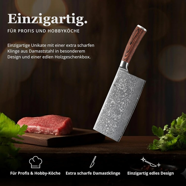 Wakoli EDIB Sakura Hackmesser 19 cm | Damast Hackbeil &amp; Kochmesser aus 67 Lagen mit VG10 Kern, robus