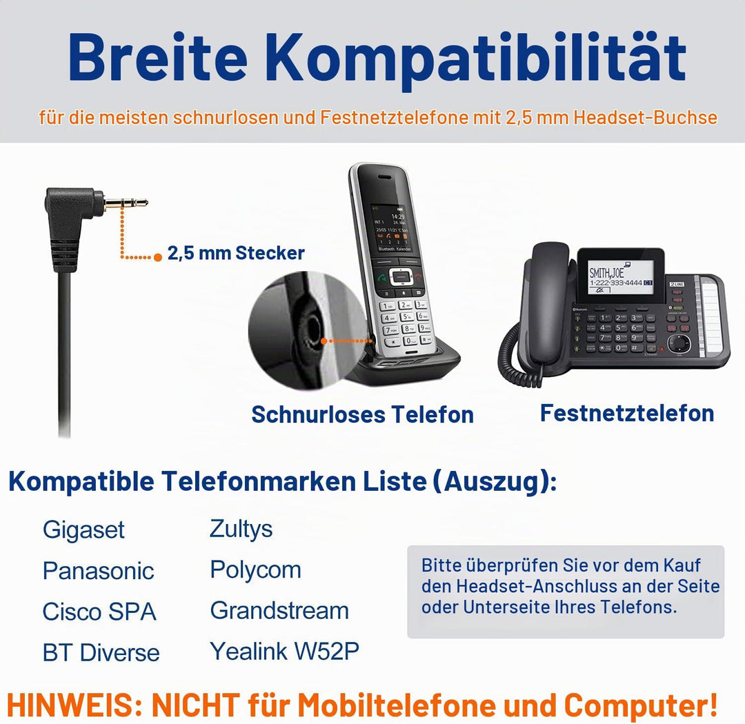2,5mm Schnurlos Telefon Headset Mono mit Noise Cancelling Mikrofon, Quick Disconnect, WANTEK Festnet