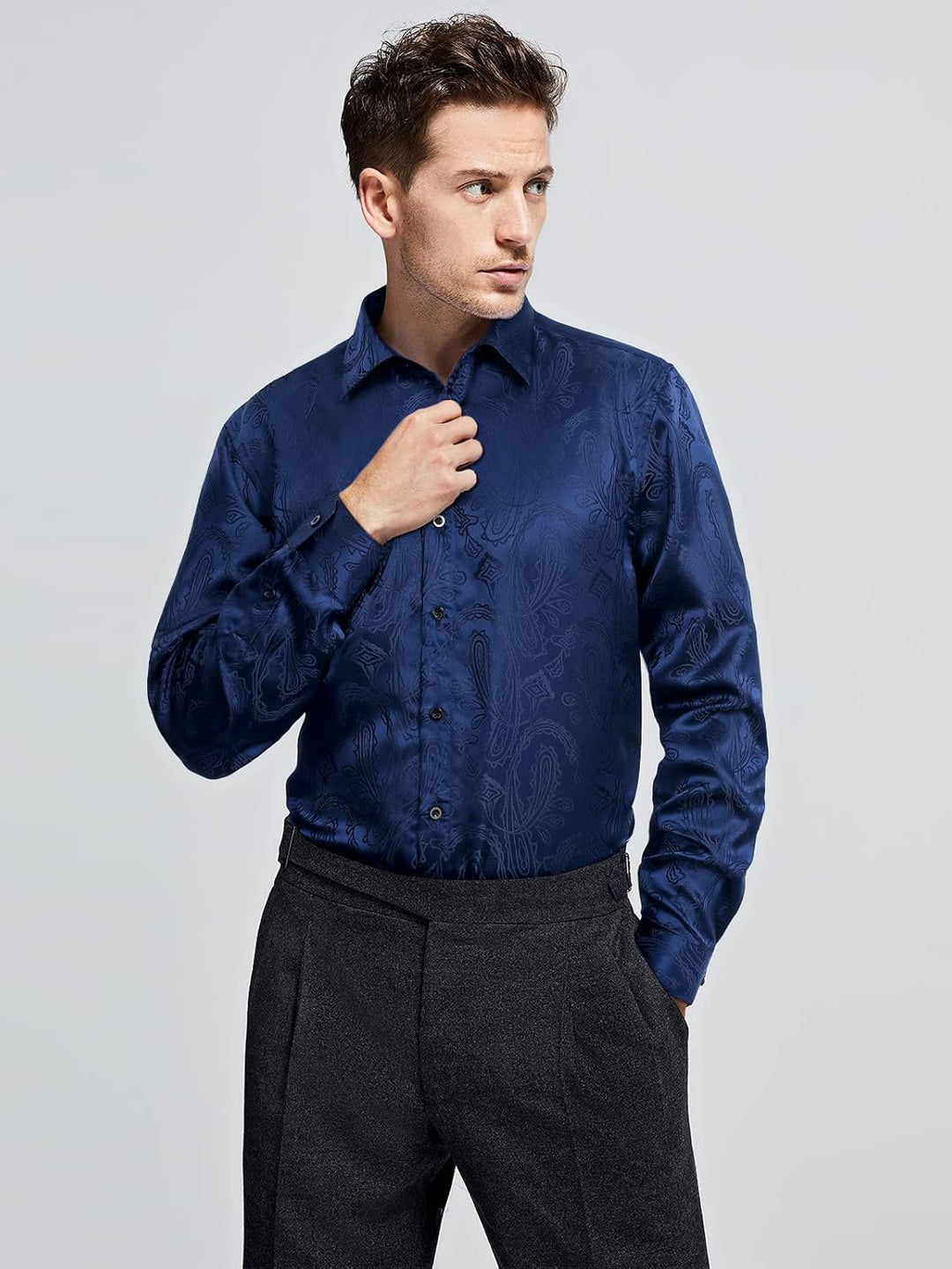 HISDERN Herren Paisley Hemd Langarm Satin Blumen Muster Hemd für Männer Jacquard Stickerei Freizeith