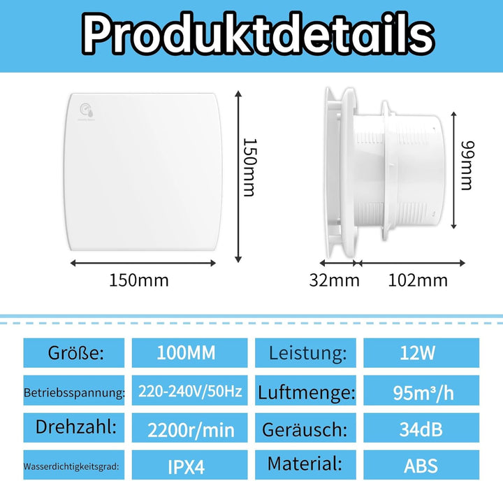YIBONIKA Badlüfter 100mm mit Feuchtigkeitssensor &amp; Nachlauf, ≤34db Leiser Abluftventilator mit Rücks