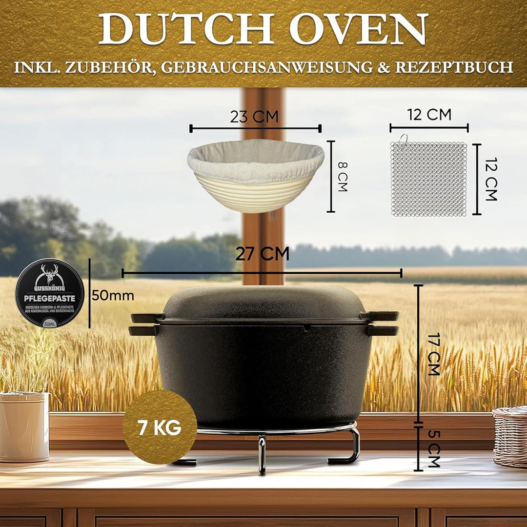 2-in-1 Gusseisen Brotbackform mit Gärkörbchen – eingebrannter Gusseisentopf zum Brotbacken 4,8 L &amp; G