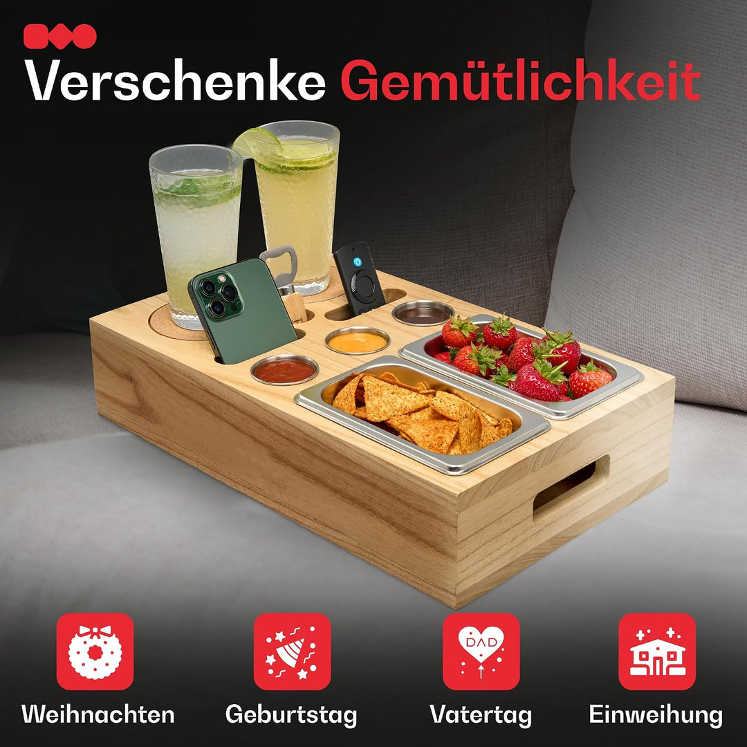 Premium Couchbar - Kiriholz - 3 Farben - 3 Dipschalen 2 Snackschalen 2 Untersetzer 1 Flaschenöffner,