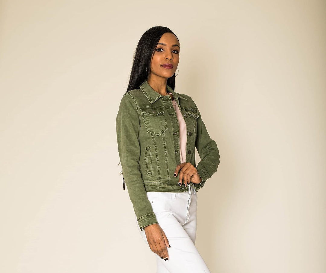 Nina Carter J212 Damen Slim-Fit Jeansjacke – Farbige Übergangsjacke mit Kent-Kragen und Taschen – Fr