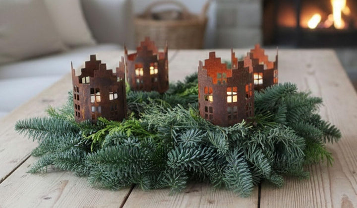LB H&amp;F 4er Set Adventskranzstecker HÄUSER Deko Kerzenhalter Advent Rost Metall Weihnachten KERZENSTE