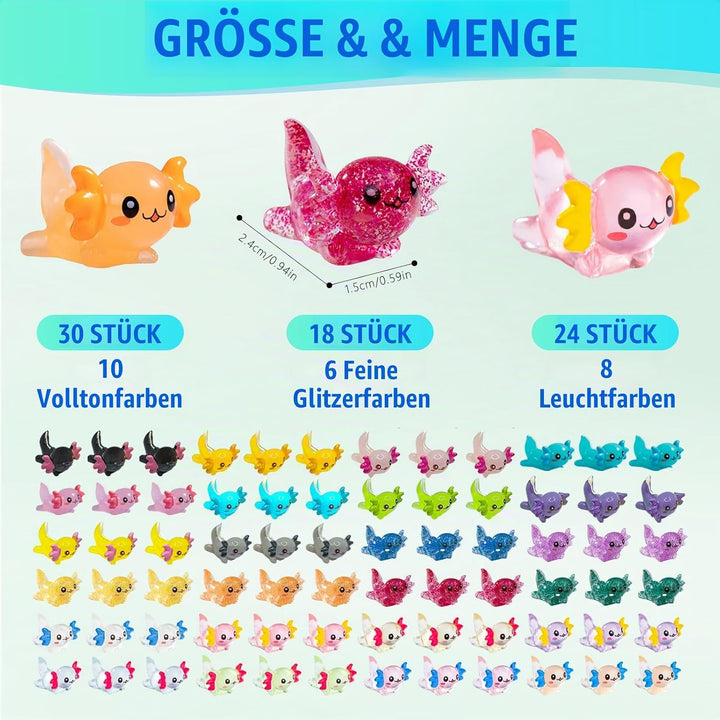 72 Stück Mini Axolotl, Glitzer Mini Figuren, Einfarbig Miniatur Axolotl Figuren, Leuchtende Min Harz