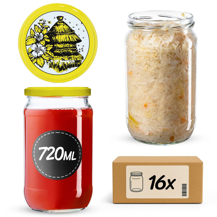 KADAX 16er Set Einmachgläser 720ml TO82 Bienenstock, Grosse Sturzgläser mit Schraubdeckel, Einkochgl