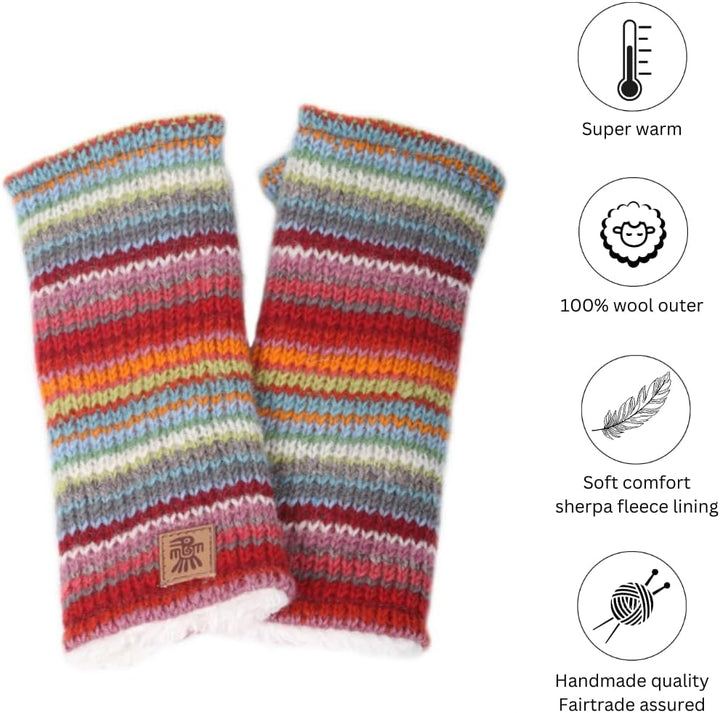 Damen Wolle Handwärmer Sherpa Fleece gefüttert Handgestrickt Mehrfarbig Streifen Einheitsgrösse Hand