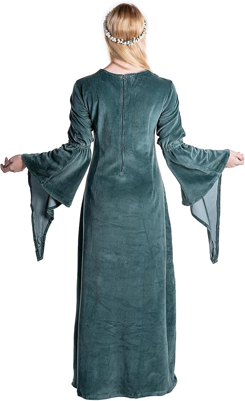 Maskworld Mittelalter Samtkleid – Bodenlanges Damen-Maxikleid mit Trompetenärmeln – Gothic &amp; LARP Bu