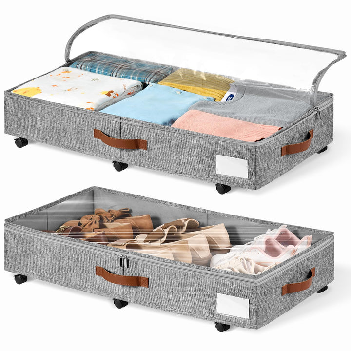 2er-Set Rollbare Aufbewahrungsbox unter dem Bett, 15 cm Höhe (6 Zoll) mit klarem Deckel - Graue Bett