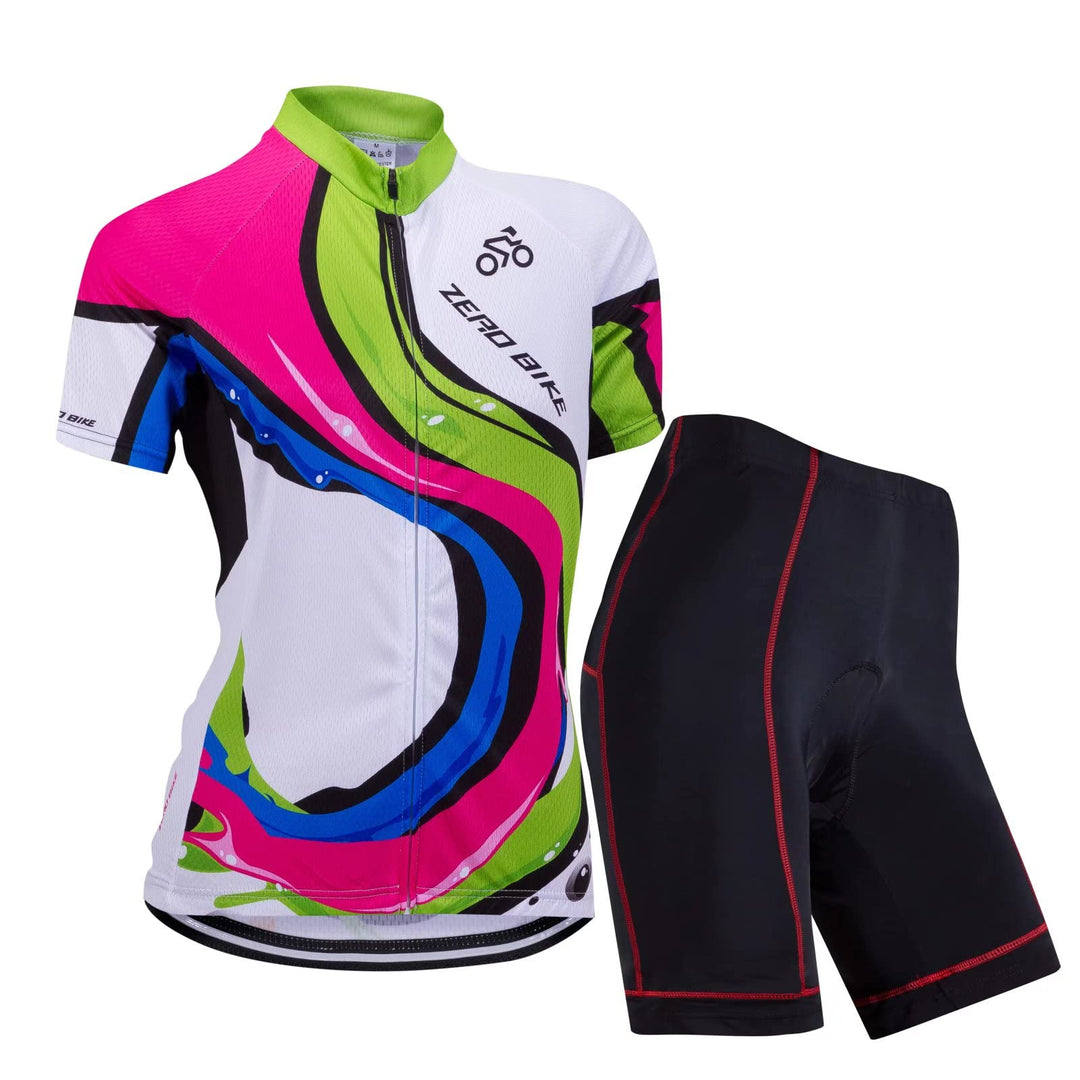 Damen Atmungsaktiv Schnelltrocknend Fahrradtrikot Set, Outdoor Kurzarm Radsport-Shirt + 3D Gel Gepol