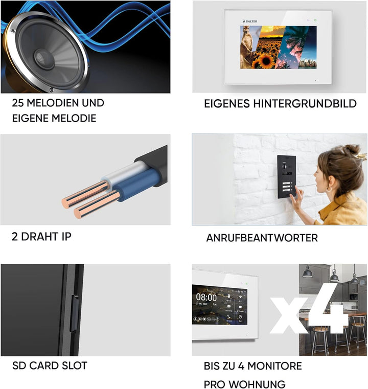 Balter EVO-HD Video Türsprechanlage mit Fingerprint, Video Türklingel, 4 Familienhaus, 3X 7 Zoll Mon