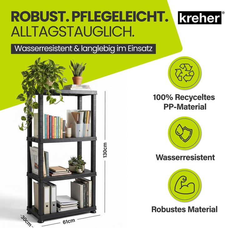 Kreher® Kunststoffregal „Neo“ mit 4 Böden - Steckregal für Haushalt, Keller &amp; Garage - Standregal, L
