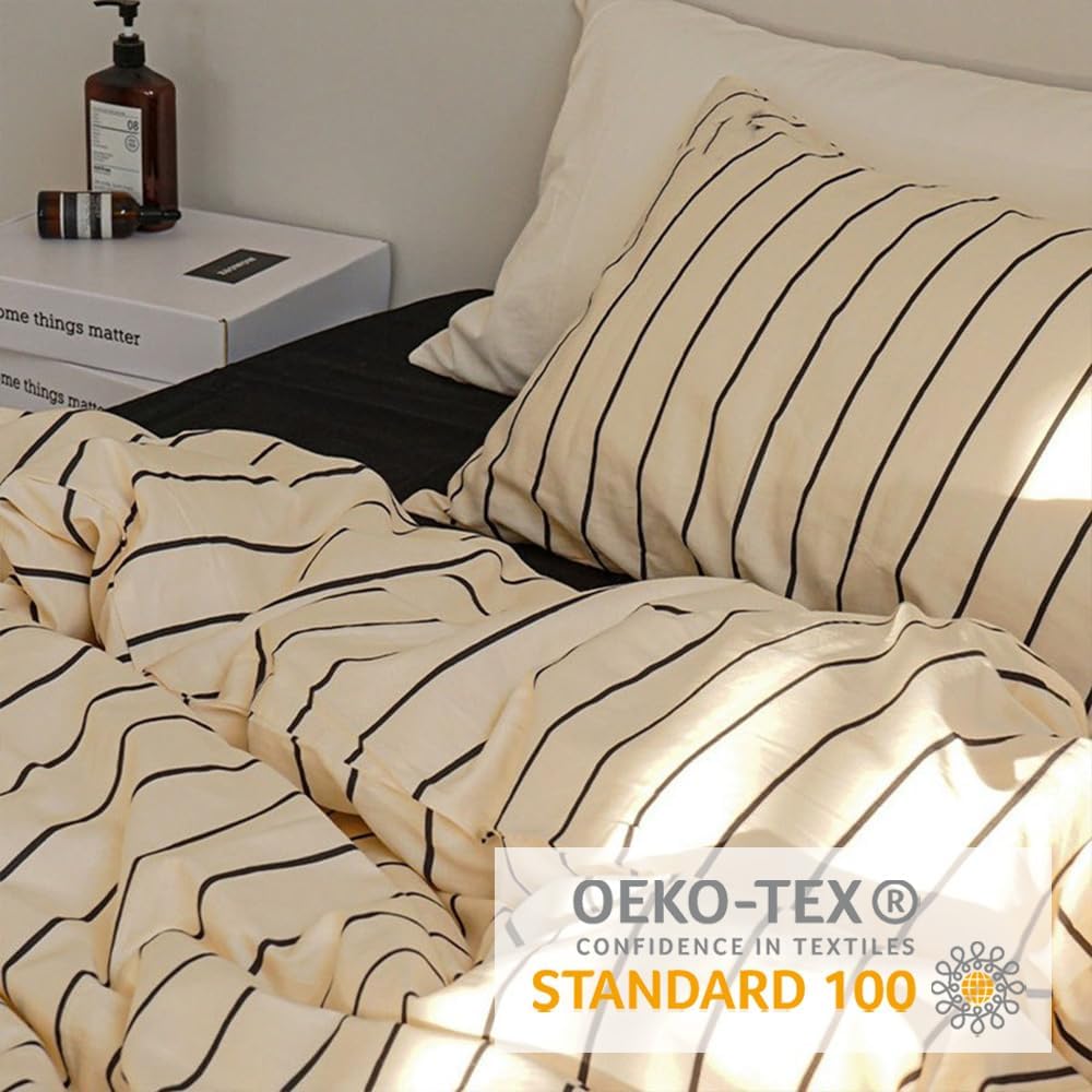 Bettwäsche 135x200 Beige Gestreift Streifen mit Kissenbezug 80x80cm Dunkelbeige Streifen 135x200cmx1