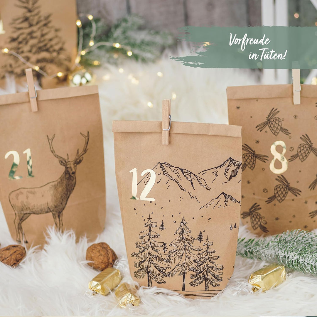 Papierdrachen Adventskalender 2025 zum Befüllen - 24 bedruckte Papiertüten mit Zahlenaufklebern &amp; Kl