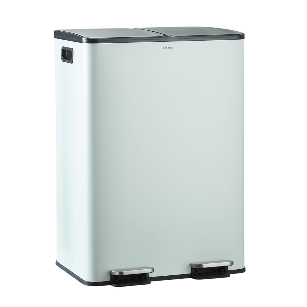 CASABEL Mülleimer Küche Mülltrennung 60L – 2x30L Doppelkammer mit Pedal, Edelstahl Mintgrün, Abfalle