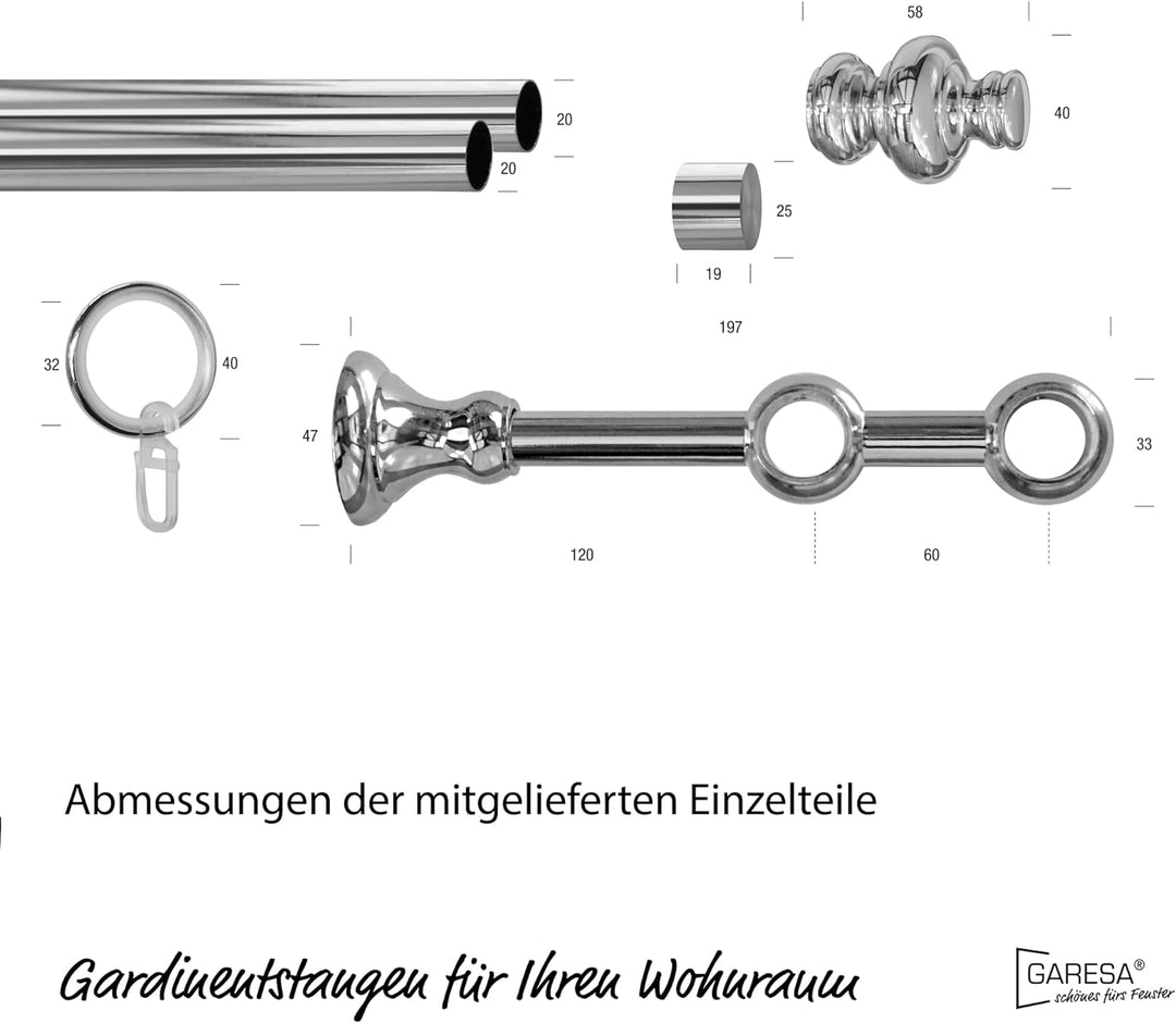 Garesa Gardinenstange Andrea Ø 20mm, 2-läufig, Chrom I Stabile Vorhangstange inkl. Ringe + Faltenleg