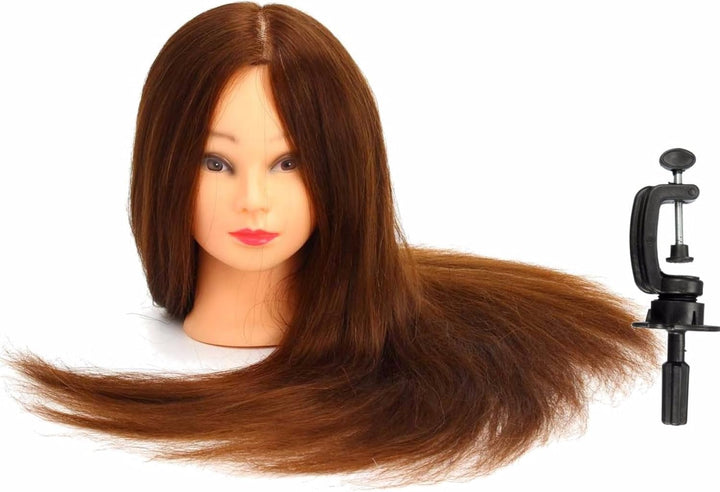 Mannequinkopf mit Ständer, braun, 100 % Echthaar, für Friseurpraxis, Flechten, Styling, Kosmetologie