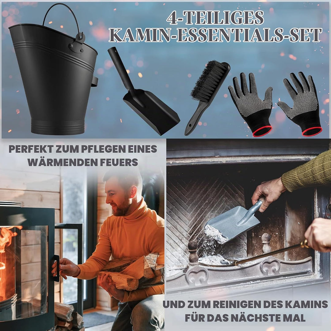 DecoExpress Aschekasten Kaminzubehör Set mit Ascheeimer 7 Liter, Asche Schaufel, Bürste &amp; Handschuhe